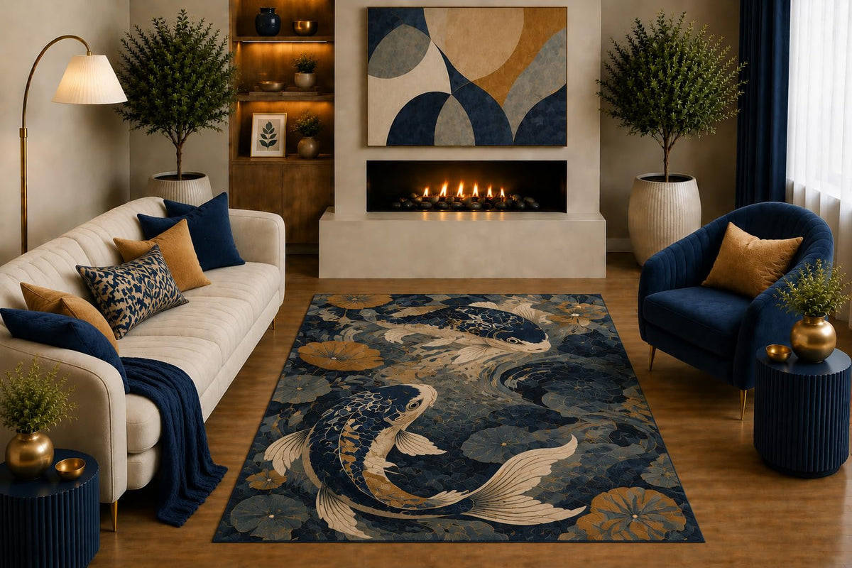 ICE ARMOR "Ultra Light Weight 5' x 7' Koi Fish Area Rug Japanese Floral Pond Art in Navy Gold for Living Room Bedroom Office Zen Asian Decor Non-Slip Silicone Backing Low Pile