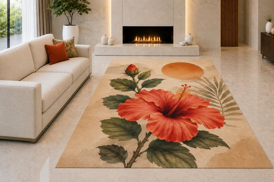 ICE ARMOR "Ultra Light Weight 5' x 7' Hibiscus Sunset Circle Area Rug for Living Room, Bedroom and Home Office, Soft Low Pile Carpet with Non-Slip Silicone Backing, Red and Beige
