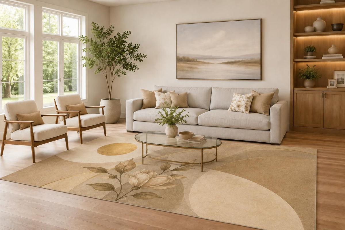 ICE ARMOR Large 6'7" x 9'10" Beige and Brown Modern Magnolia Curves Area Rug for Living Room, Soft Low Pile Carpet with Non-Slip Silicone Backing, Decor for Bedroom and Home Office