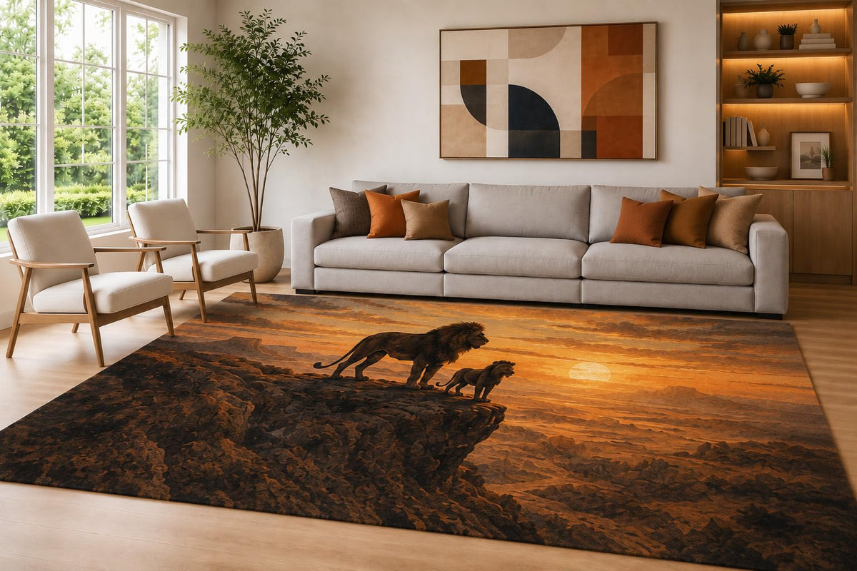ICE ARMOR Large 6'7" x 9'10" Orange and Brown Sunset Lions Area Rug for Living Room, Soft Low Pile Carpet with Non-Slip Silicone Backing, Decor for Bedroom Dining Room and Home Office