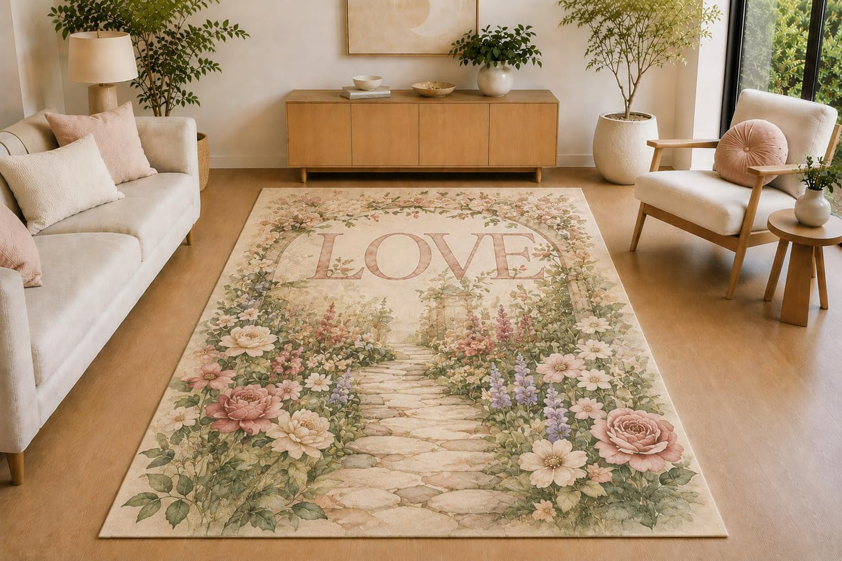 ICE ARMOR 5' x 7' Romantic Garden Path Love Area Rug, Soft Low Pile Indoor Rug with Non-Slip Silicone Backing for Living Room, Bedroom, Office, Family Room, Cream Pink Green