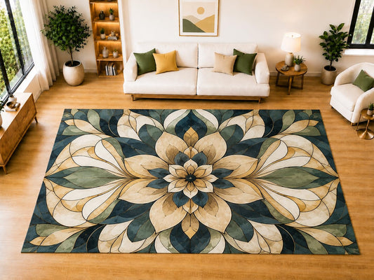 ICE ARMOR "Ultra Light Weight Large 6'7" x 9'10" Layered Botanical Petal Area Rug for Living Room, Bedroom, Dining Room, Soft Low Pile Non-Slip Backing, Teal Sage Cream