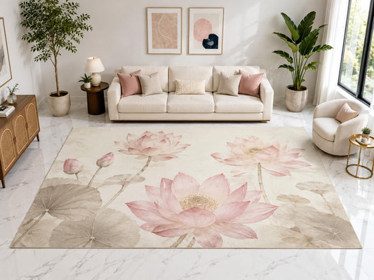ICE ARMOR "Ultra Light Weight Large 6'7" x 9'10" Lotus Floral Rug, Soft Low Pile Indoor Rug, Non-Slip Silicone Backing for Living Room Pink Cream