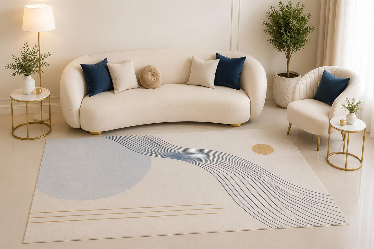 ICE ARMOR 5' x 7' Modern Wave Area Rug, Minimalist Blue Abstract Line Art Design for Living Room Bedroom Office Decor, Non-Slip Silicone Backing Low Pile