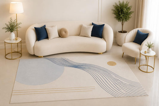 ICE ARMOR 5' x 7' Modern Wave Area Rug, Minimalist Blue Abstract Line Art Design for Living Room Bedroom Office Decor, Non-Slip Silicone Backing Low Pile