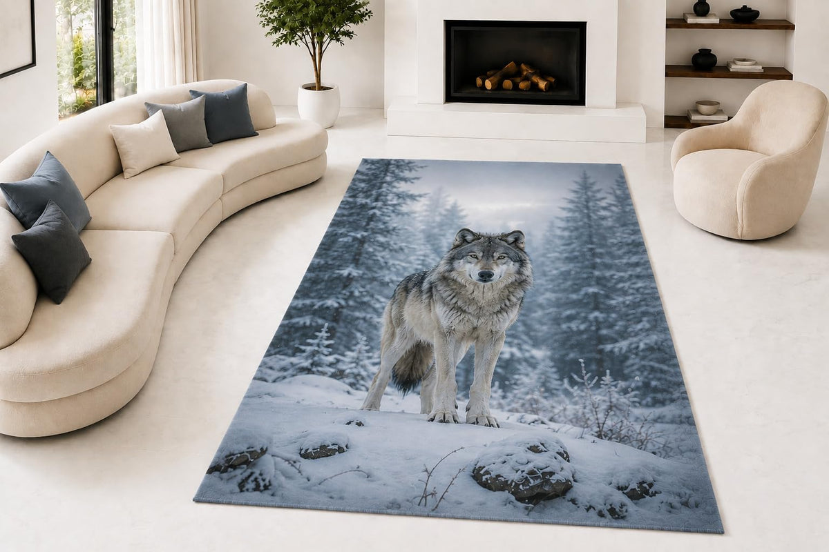 ICE ARMOR "Ultra Lightweight Large 6'7" x 9'10" Snowy Wolf Pines Area Rug for Living Room, Bedroom and Home Office, Soft Low Pile Carpet with Non-Slip Silicone Backing, Gray and White