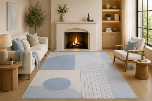 ICE ARMOR 5' x 7' Modern Abstract Area Rug with Non-Slip Silicone Backing Low Pile Soft Carpet for Living Room Bedroom Light Blue Geometric Minimalist Decor