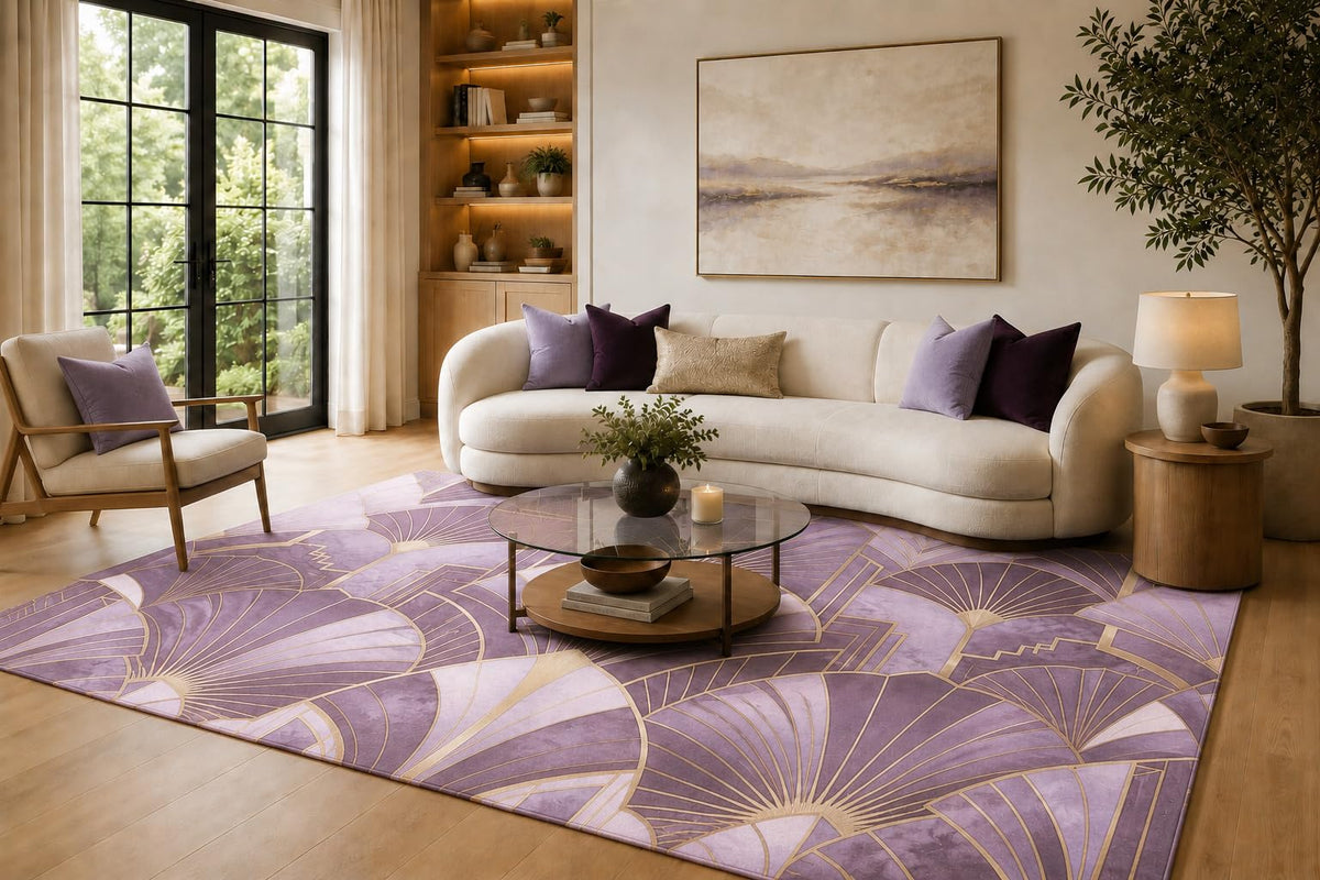 ICE ARMOR 6'7" x 9'10" Lavender and Cream Art Deco Fan Shapes Area Rug for Living Room, Soft Low Pile Carpet with Non-Slip Silicone Backing, Floor Decor for Bedroom, Dining Room and Home Office