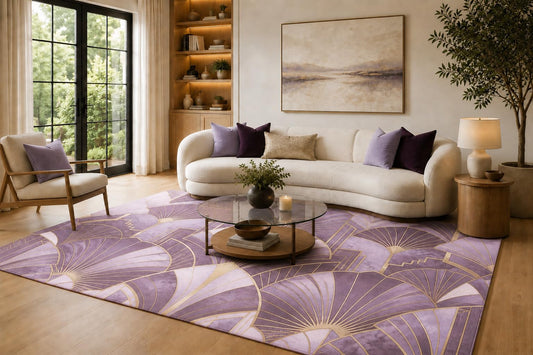 ICE ARMOR 6'7" x 9'10" Lavender and Cream Art Deco Fan Shapes Area Rug for Living Room, Soft Low Pile Carpet with Non-Slip Silicone Backing, Floor Decor for Bedroom, Dining Room and Home Office
