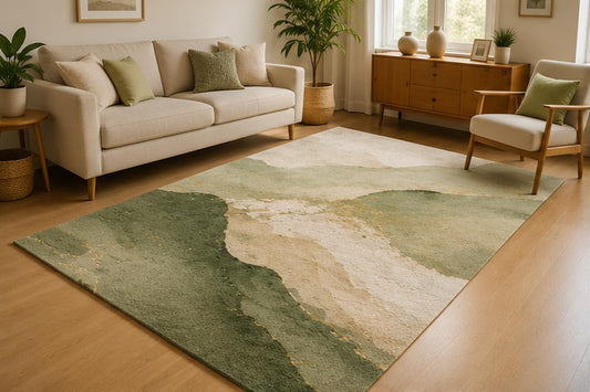 ICE ARMOR 5' x 7' Abstract Watercolor Mountain Area Rug for Living Room, Soft Low Pile Indoor Rug with Non-Slip Silicone Backing, Modern Carpet for Bedroom, Office, Family Room, Sage Green Beige