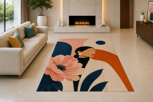 ICE ARMOR "Ultra Light Weight 5' x 7' Floral Woman Profile Area Rug for Living Room, Bedroom and Home Office, Soft Low Pile Carpet with Non-Slip Silicone Backing, Navy and Orange