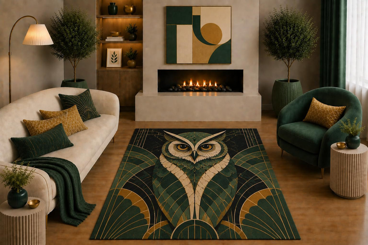 ICE ARMOR "Ultra Light Weight 5' x 7' Emerald Gold Owl Area Rug Art Deco Geometric Bird Wildlife Art for Living Room Bedroom Office Decor Non-Slip Silicone Backing Low Pile