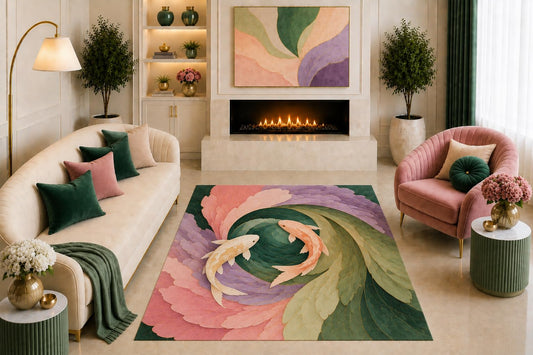 ICE ARMOR "Ultra Light Weight 5' x 7' Koi Fish Area Rug Japanese Floral Art Pink Purple Green Botanical Design for Living Room Bedroom Dining Room Non-Slip Silicone Backing Low Pile