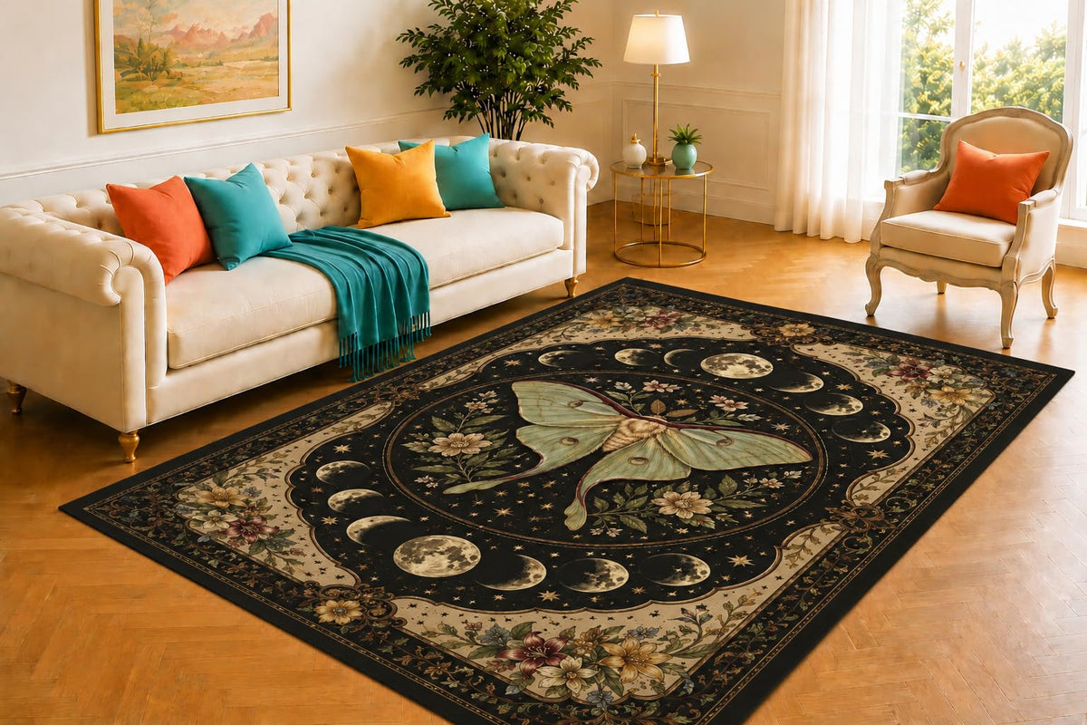 ICE ARMOR 5' x 7' Celestial Moth Rug, Moon Phase Botanical Design, Smooth Printed Floor Cover for Bedroom, Nursery, Reading Nook and Mystical Home Decor