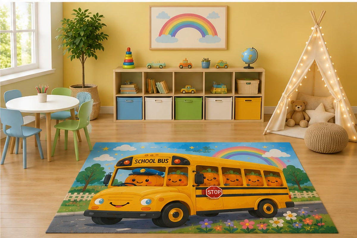 ICE ARMOR 5' x 7' Pumpkin School Bus Kids Area Rug, Cute Halloween Pumpkin Bus Rainbow Cartoon Playroom Nursery Bedroom Decor, Non-Slip Silicone Backing Low Pile