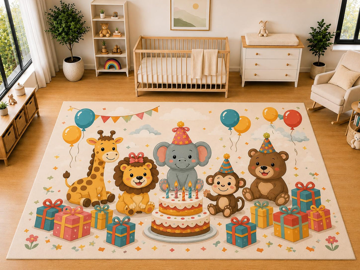 ICE ARMOR "Ultra Light Weight Large 6'7 x 9'10 Safari Birthday Party Area Rug for Kids Room Nursery Playroom Soft Low Pile Indoor Carpet Cute Animal Celebration Decor