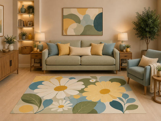 ICE ARMOR 5' x 7' Scandinavian Yellow Daisy Floral Area Rug Modern Botanical Wildflower Design for Living Room Bedroom Nursery Dining Room Home Decor Non-Slip Silicone Backing Low Pile