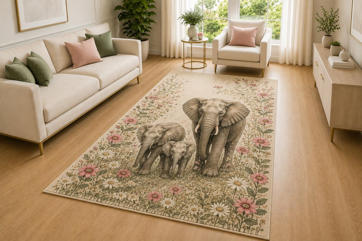 ICE ARMOR 5' x 7' Elephant Family Wildflower Area Rug, Soft Low Pile Indoor Rug with Non-Slip Silicone Backing, Nature Carpet for Bedroom, Nursery, Family Room, Kids & Pets, Beige Pink Green