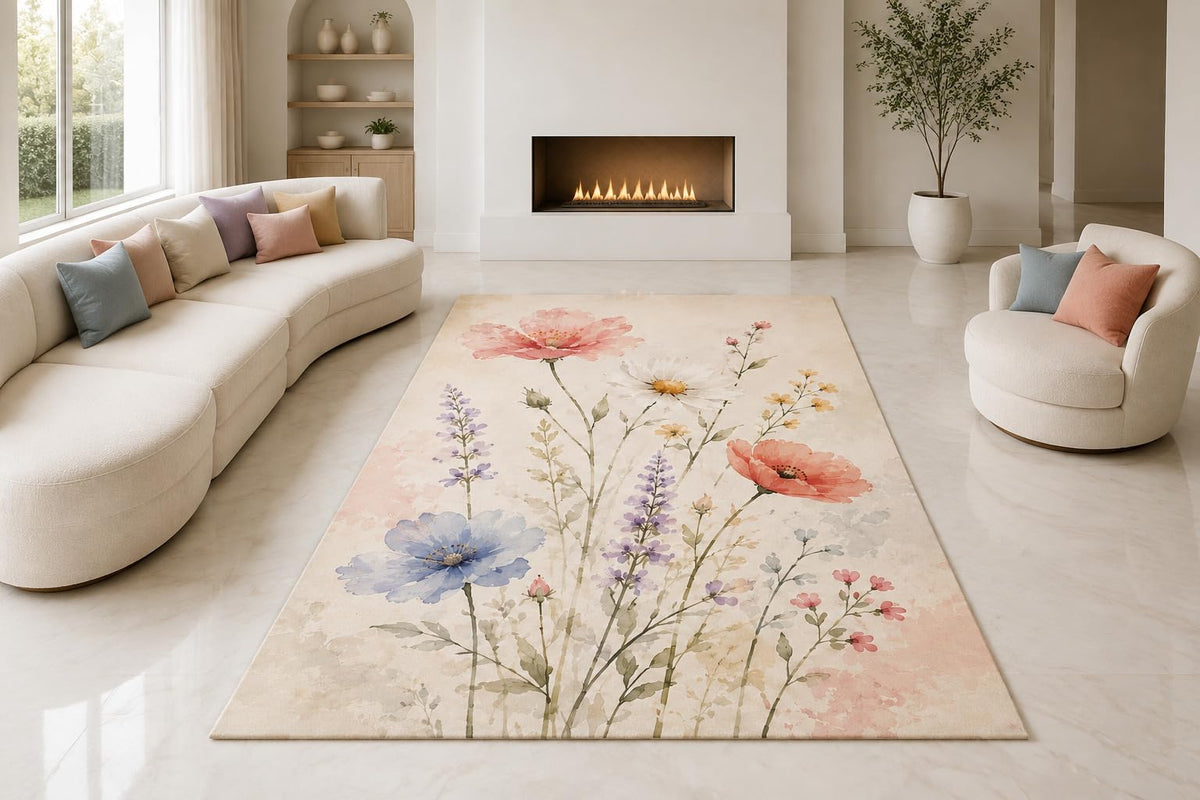 ICE ARMOR "Ultra Lightweight Large 6'7" x 9'10" Pastel Flower Meadow Area Rug for Living Room, Bedroom and Home Office, Soft Low Pile Carpet with Non-Slip Silicone Backing, Cream and Blush