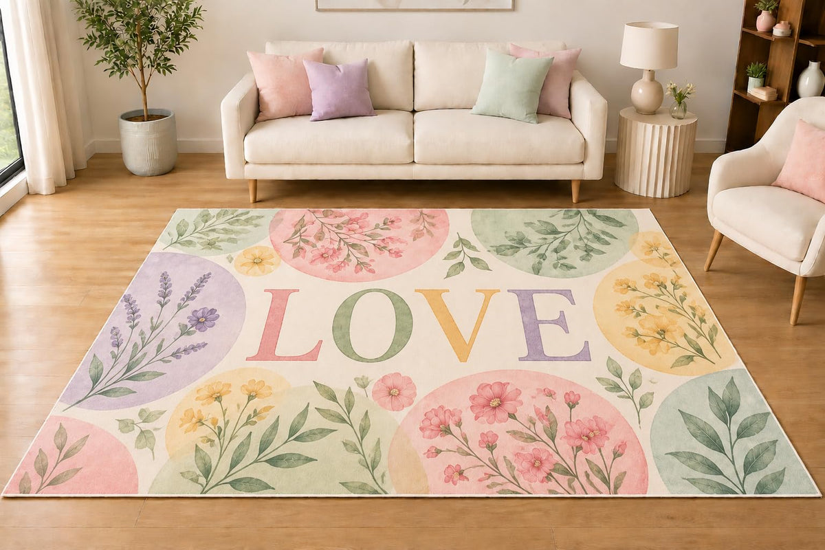 ICE ARMOR 5' x 7' Pastel Botanical Circle Love Area Rug, Soft Low Pile Indoor Rug with Non-Slip Silicone Backing for Living Room, Bedroom, Nursery, Kids Room, Kids & Pets, Cream Pink Green