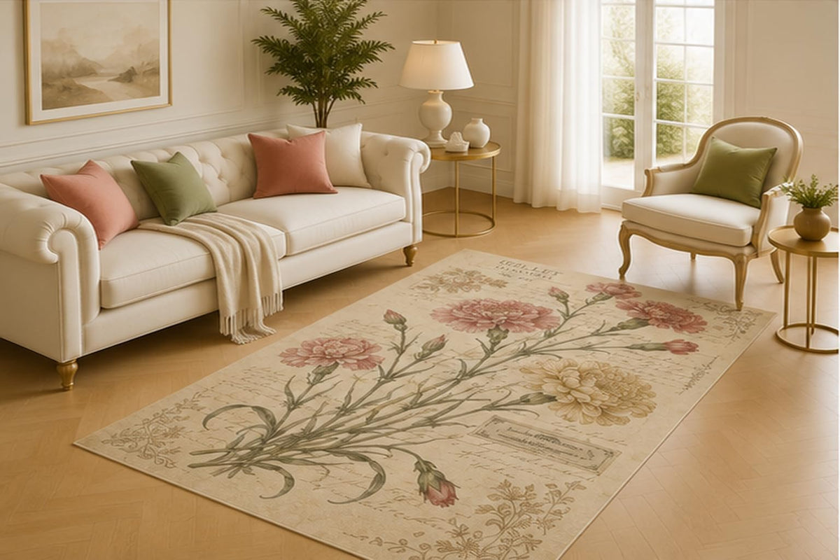 ICE ARMOR 5' x 7' Wild Carnation Ephemera Area Rug for Living Room, Soft Low Pile Floor Cover with Non-Slip Silicone Backing for Bedroom, Parlor, Office, Kids and Pets