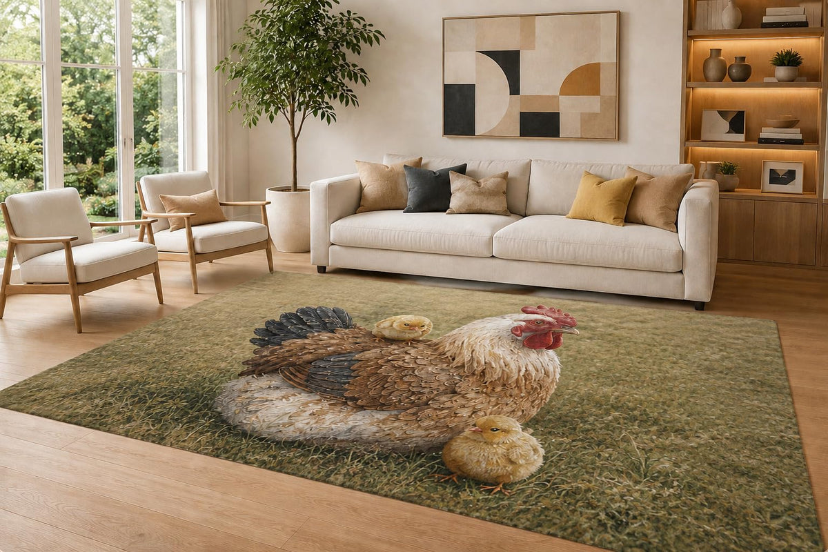 ICE ARMOR Large 6'7" x 9'10" Brown and Cream Hen Chicks Area Rug for Living Room, Soft Low Pile Carpet with Non-Slip Silicone Backing, Decor for Bedroom and Home Office