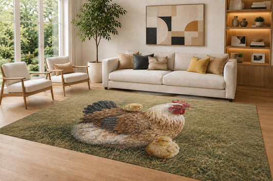 ICE ARMOR Large 6'7" x 9'10" Brown and Cream Hen Chicks Area Rug for Living Room, Soft Low Pile Carpet with Non-Slip Silicone Backing, Decor for Bedroom and Home Office