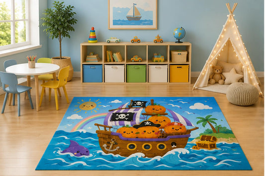 ICE ARMOR 5' x 7' Pumpkin Pirate Ship Kids Area Rug, Cute Halloween Pumpkin Ocean Adventure Treasure Cartoon Playroom Nursery Bedroom Decor, Non-Slip Silicone Backing Low Pile