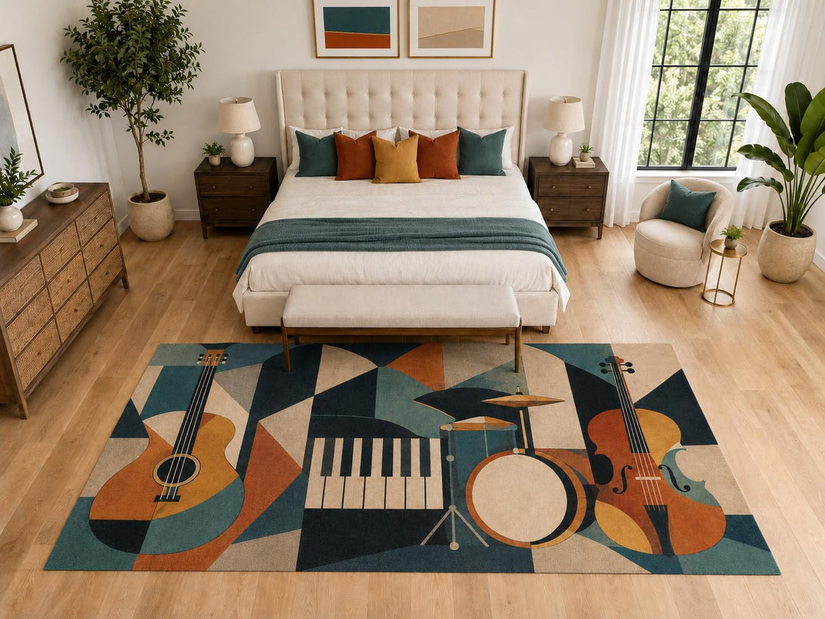 ICE ARMOR "Ultra Light Weight Large 6'7" x 9'10" Modern Music Instrument Rug, Soft Low Pile Indoor Rug, Non-Slip Silicone Backing for Bedroom Teal