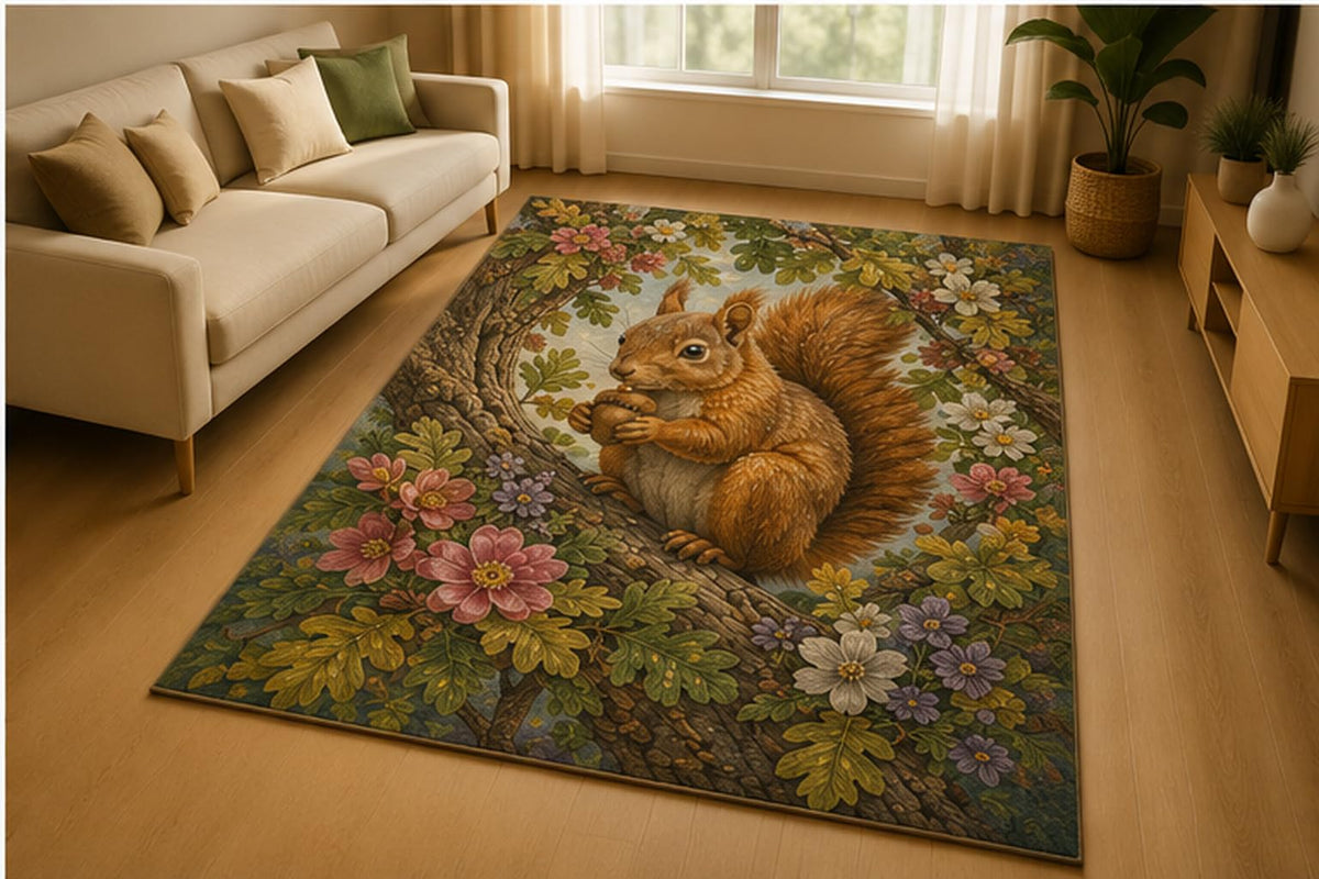 ICE ARMOR 5' x 7' Squirrel Woodland Tree Area Rug for Living Room, Soft Low Pile Indoor Rug with Non-Slip Silicone Backing, Forest Nature Decor for Bedroom, Nursery, Kids Room, Kids & Pets