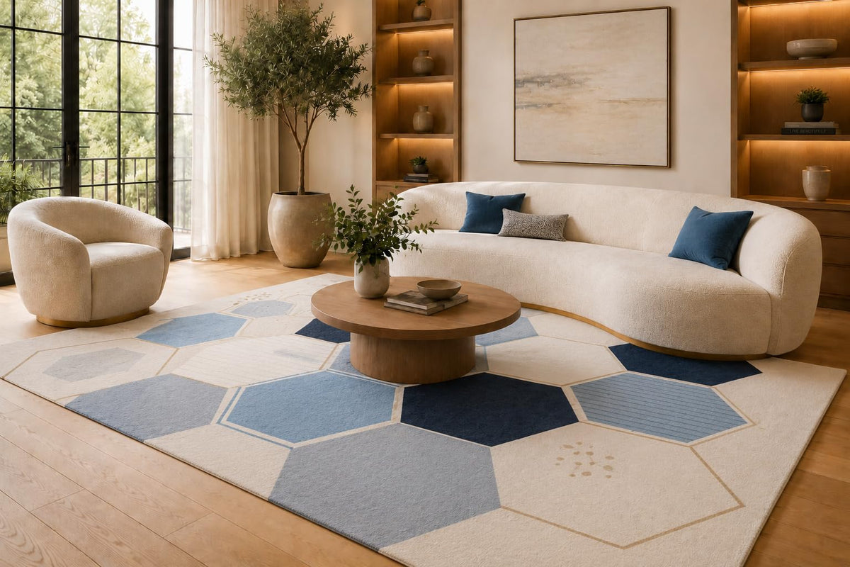 ICE ARMOR 6'7" x 9'10" Blue and Cream Honeycomb Patchwork Area Rug for Living Room, Soft Low Pile Carpet with Non-Slip Silicone Backing, Floor Decor for Bedroom, Dining Area and Home Office