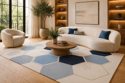 ICE ARMOR 6'7" x 9'10" Blue and Cream Honeycomb Patchwork Area Rug for Living Room, Soft Low Pile Carpet with Non-Slip Silicone Backing, Floor Decor for Bedroom, Dining Area and Home Office
