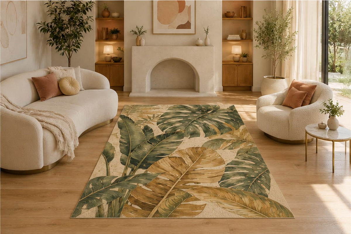 ICE ARMOR 5' x 7' Tropical Palm Leaf Area Rug for Living Room, Soft Low Pile Indoor Rug with Non-Slip Silicone Backing, Decorative Carpet for Bedroom, Office, Family Room & Boho Decor, Green