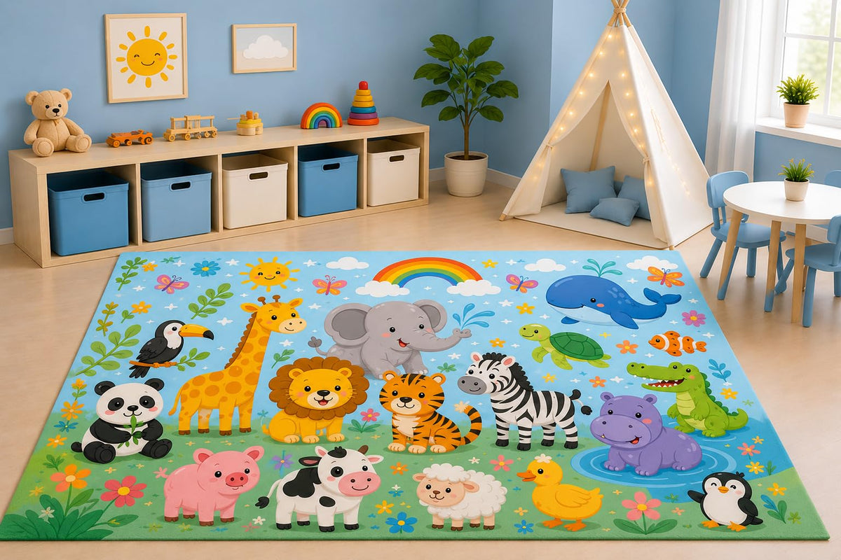 ICE ARMOR 5' x 7' Zoo Adventure Area Rug for Kids Playroom Nursery Bedroom, Giraffe Elephant Lion Zebra Tiger Panda Safari Animals Cartoon Decor, Non-Slip Silicone Backing Low Pile