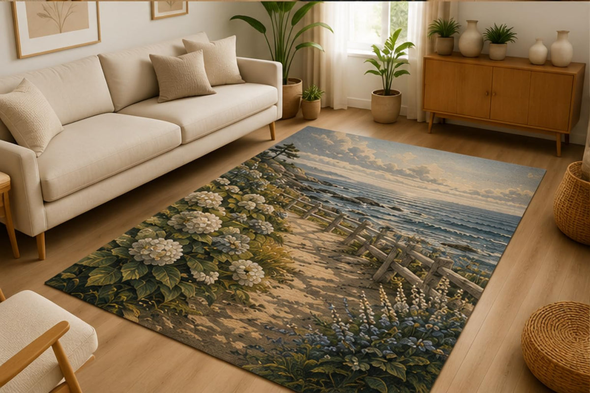 ICE ARMOR 5' x 7' Coastal Rocky Shore Area Rug Soft Low Pile Indoor Rug with Non-Slip Silicone Backing Ocean Nature Decor Carpet for Living Room Bedroom Office Family Room Blue Gray