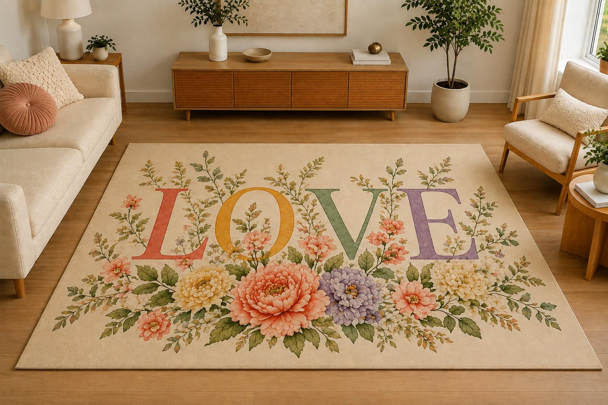 ICE ARMOR 5' x 7' Peony Bouquet Love Area Rug, Soft Low Pile Indoor Rug with Non-Slip Silicone Backing, Decorative Carpet for Living Room, Bedroom, Dining Room, Beige Pastel