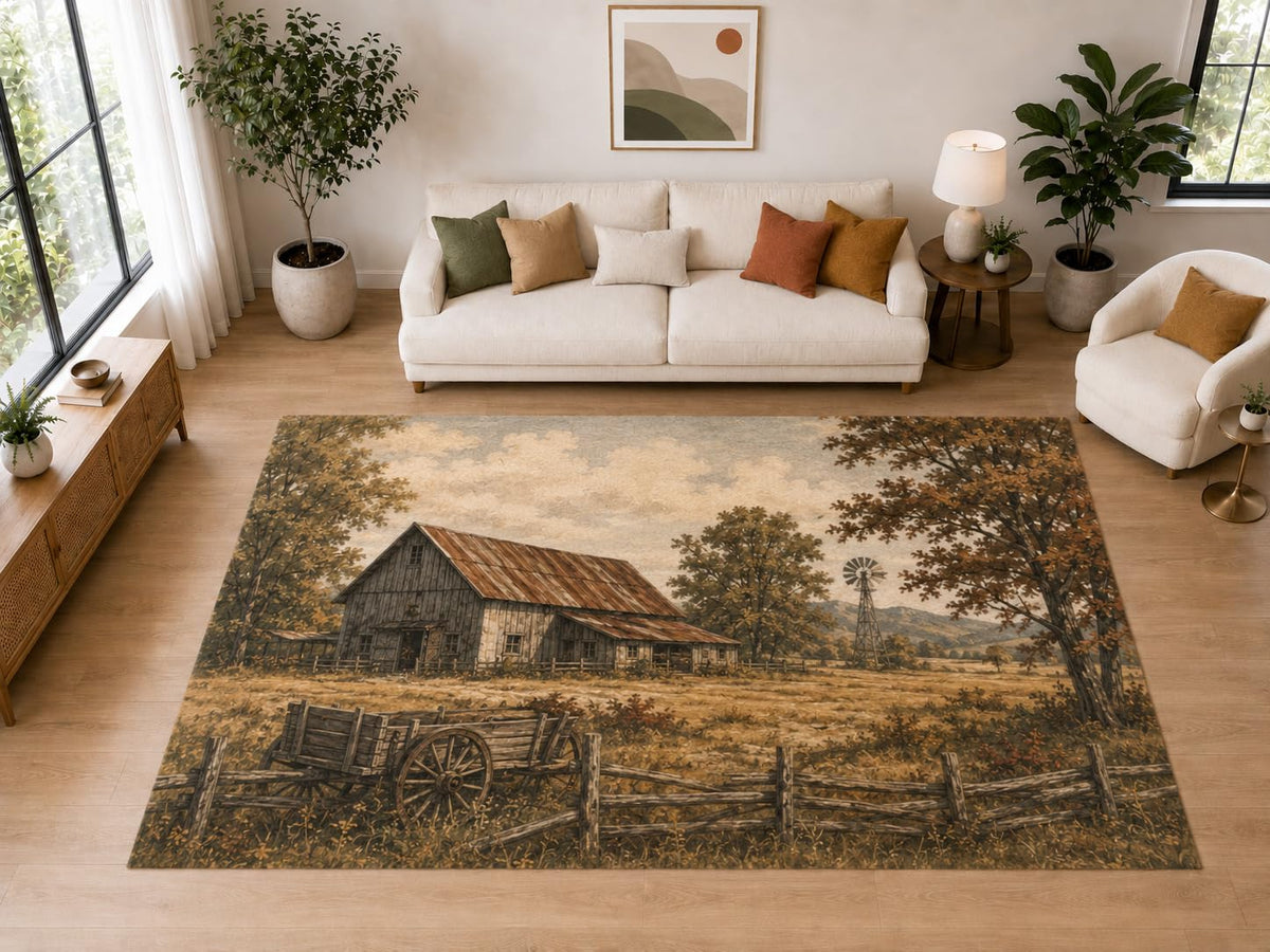ICE ARMOR "Ultra Light Weight Large 6'7" x 9'10" Barn Windmill Wagon Area Rug for Dining, Living Room, Bedroom, Soft Low Pile Indoor Rug with Non-Slip Silicone Backing, Brown Beige