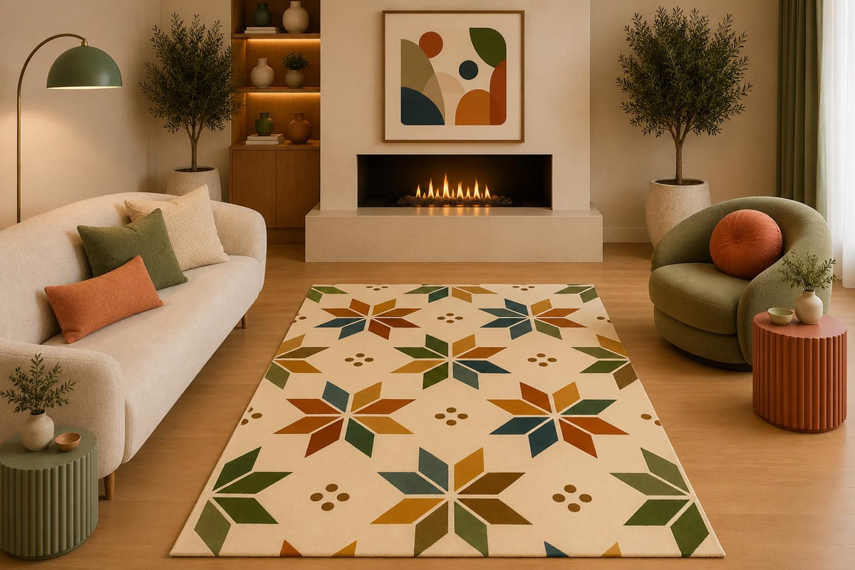 ICE ARMOR 5' x 7' Mid Century Modern Floral Area Rug Geometric Star Flower Pattern Cream Green Orange Mustard for Living Room Bedroom Non-Slip Silicone Backing Low Pile