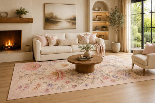 ICE ARMOR Large 6'7" x 9'10" Blush and Cream Daisy Bloom Scatter Area Rug for Living Room, Soft Low Pile Carpet with Non-Slip Silicone Backing, Decor for Bedroom and Home Office