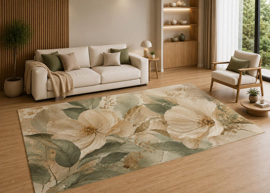 ICE ARMOR 5' x 7' Vintage Floral Area Rug with Non-Slip Silicone Backing Low Pile Soft Carpet for Living Room Bedroom Nursery Neutral Beige Botanical Decor