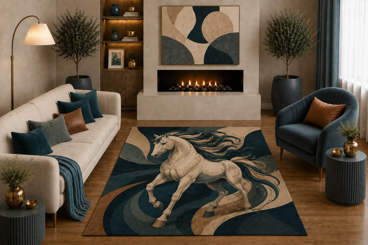 ICE ARMOR "Ultra Light Weight 5' x 7' Galloping White Horse Area Rug Modern Equestrian Abstract Art for Living Room Bedroom Office Farmhouse Decor Non-Slip Silicone Backing Low Pile