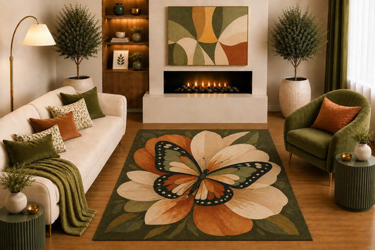 ICE ARMOR "Ultra Light Weight 5' x 7' Butterfly Flower Area Rug Vintage Botanical Nature Art in Olive Rust Cream for Living Room Bedroom Office Decor Non-Slip Silicone Backing Low Pile