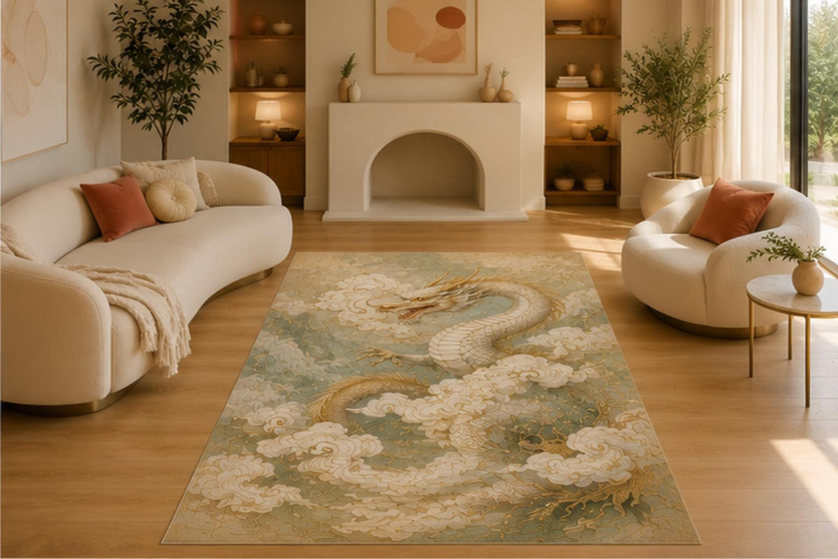 ICE ARMOR 5' x 7' Chinese Dragon Mountain Area Rug for Living Room,Soft Low Pile Indoor Rug with Non-Slip Silicone Backing,Decorative Carpet for Bedroom,Dining Room,Office,Brown