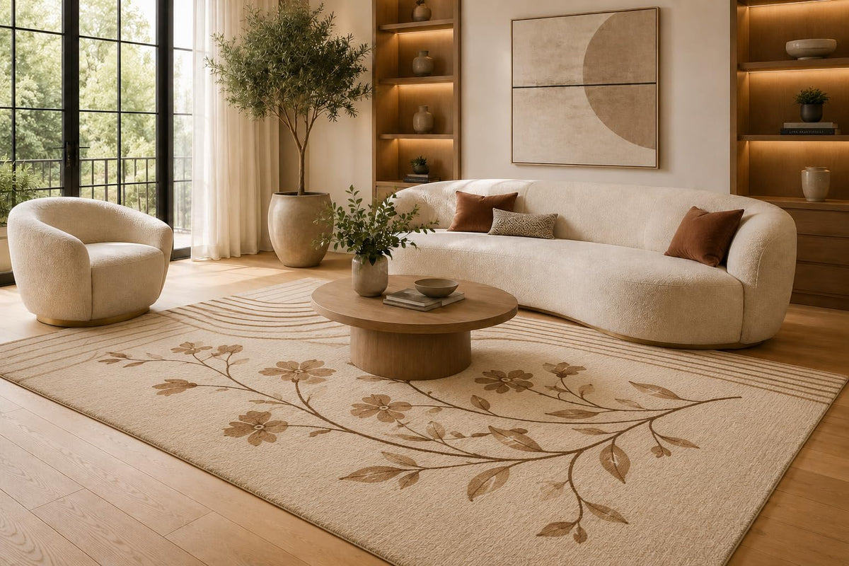 ICE ARMOR 6'7" x 9'10" Brown and Beige Floral Branch Area Rug for Living Room, Soft Low Pile Carpet with Non-Slip Silicone Backing, Floor Decor for Bedroom, Dining Area and Home Office