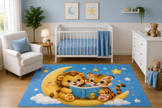 ICE ARMOR 5' x 7' Watercolor Lion and Tiger Reading on Moon Nursery Area Rug, Cute Safari Animal Kids Bedroom Playroom Decor Carpet, Non-Slip Silicone Backing Low Pile