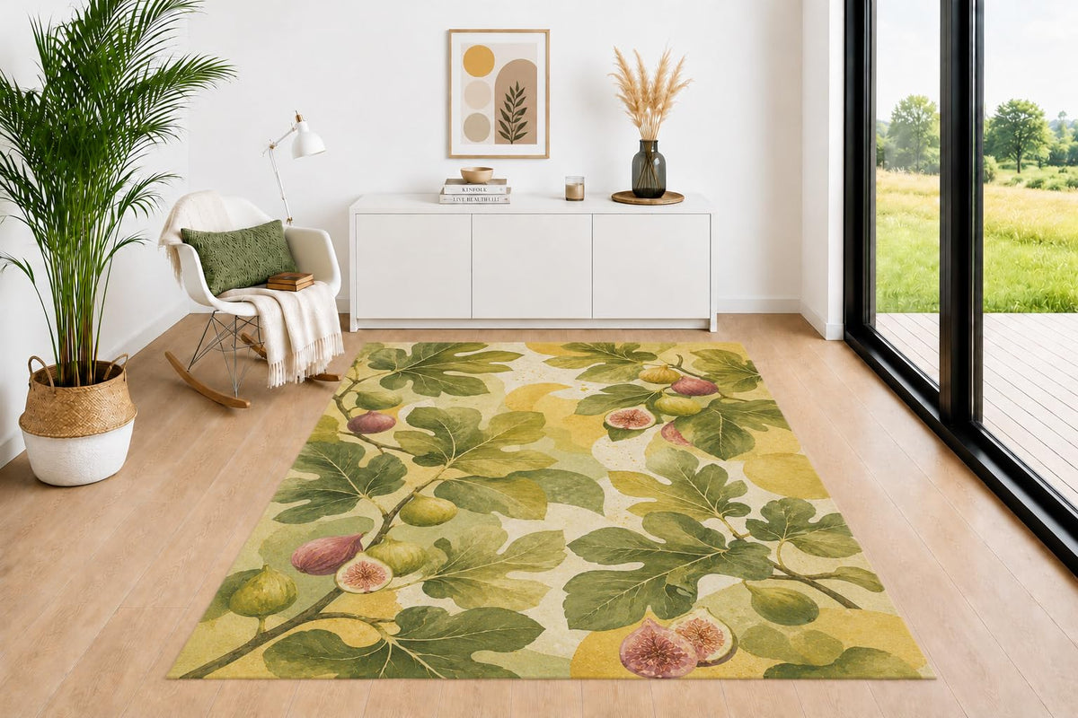 ICE ARMOR 5' x 7' Fig Leaf Botanical Area Rug for Living Room, Soft Low Pile Indoor Rug with Non-Slip Backing, Nature Carpet for Bedroom, Dining Room, Office, Green Beige