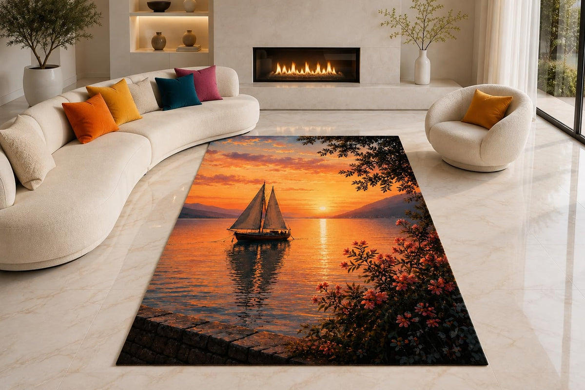 ICE ARMOR "Ultra Lightweight Large 6'7" x 9'10" Sunset Sailboat Area Rug for Living Room, Bedroom and Home Office, Soft Low Pile Carpet with Non-Slip Silicone Backing, Orange and Black