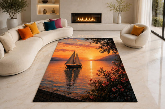 ICE ARMOR "Ultra Lightweight Large 6'7" x 9'10" Sunset Sailboat Area Rug for Living Room, Bedroom and Home Office, Soft Low Pile Carpet with Non-Slip Silicone Backing, Orange and Black