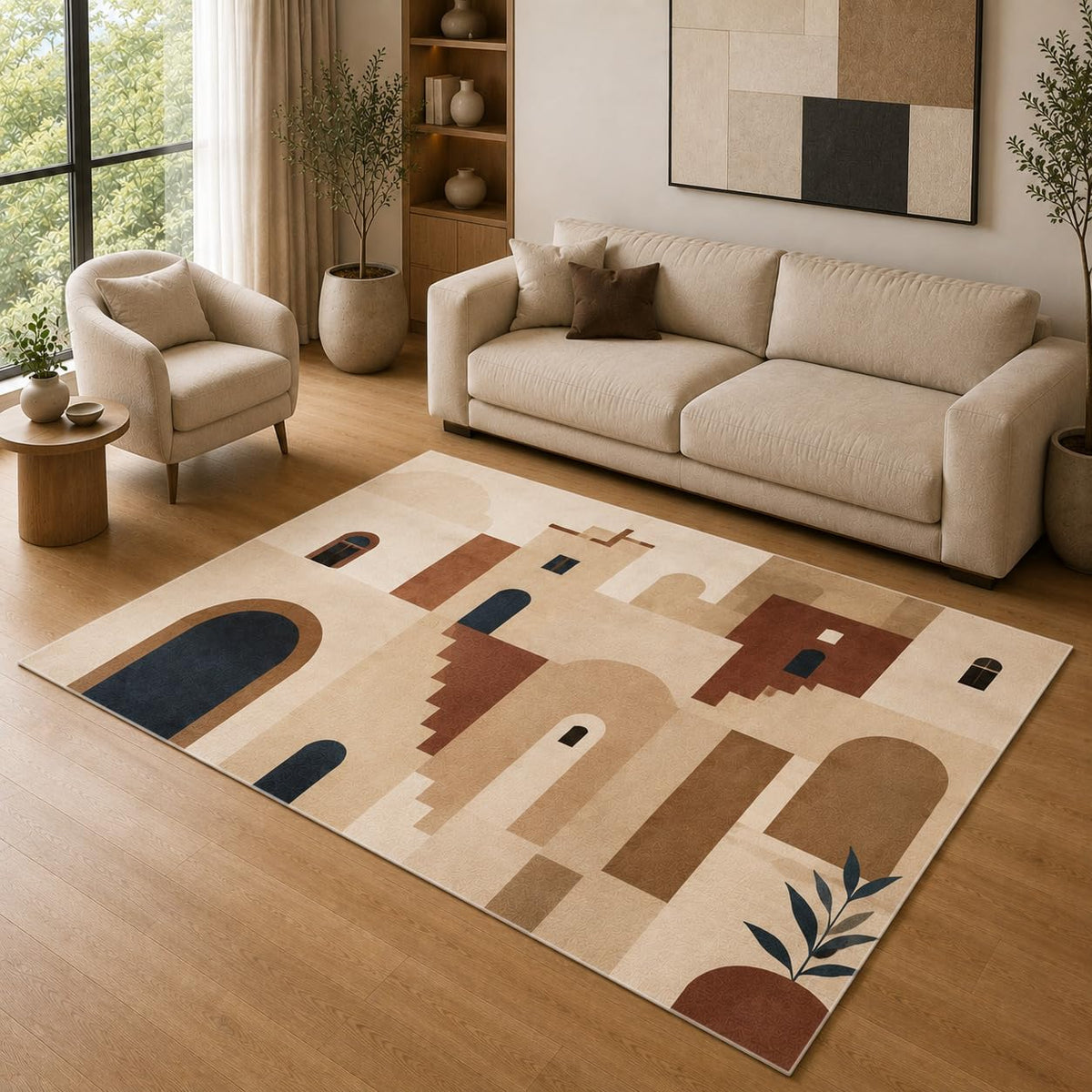 ICE ARMOR 5' x 7' Mediterranean Village Arch Area Rug for Living Room, Soft Low Pile Indoor Rug with Non-Slip Silicone Backing, Decorative Carpet for Bedroom, Office, Family Room, Beige