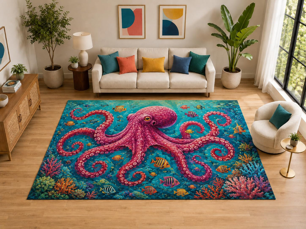 ICE ARMOR "Ultra Light Weight Large 6'7" x 9'10" Pink Octopus Reef Rug Kids Room, Soft Low Pile Indoor Rug and Non-Slip Silicone Backing, Aqua